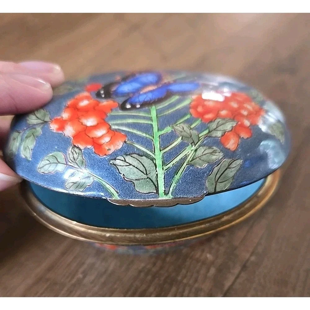 VTG Enameled Granite Ware Butterfly/Floral Brass Hinged Trinket Dish